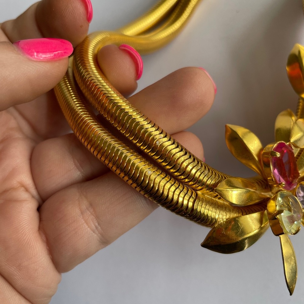 Vintage Philippe Ferrandis Gold Necklace Pink Crystals Statement Jewelry - Picture 6 of 9